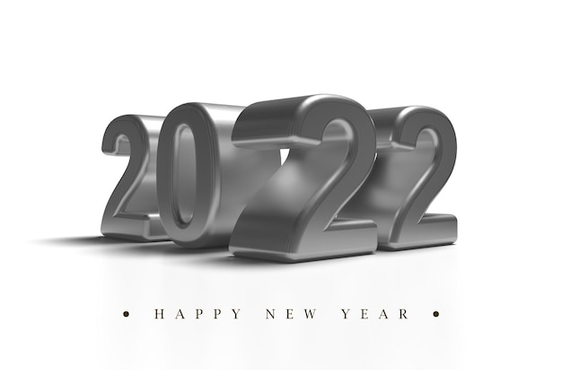 Silbergrau 2022 Neujahr 3D-Render-Illustration isoliert auf weißem Hintergrund, perspektivische Ansicht.