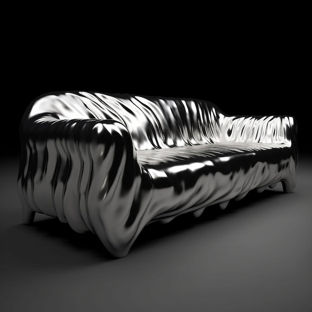 Silberne Couch mit Liquid-Metal-Stil und naturalistischer Beleuchtung