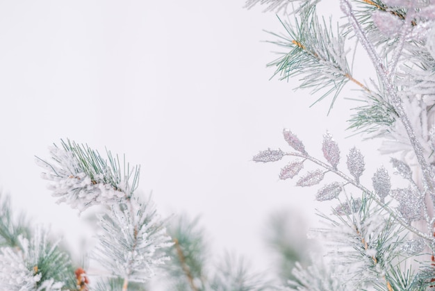 Silberne glänzende Neujahrskugel, die an einem Tannenzweig hängt. Lichter und Girlanden auf einem grauen Schneehintergrund