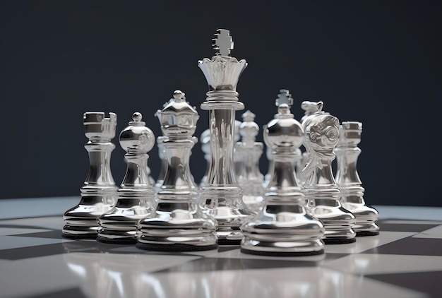 Silberne Schachfiguren auf einem Schachbrett