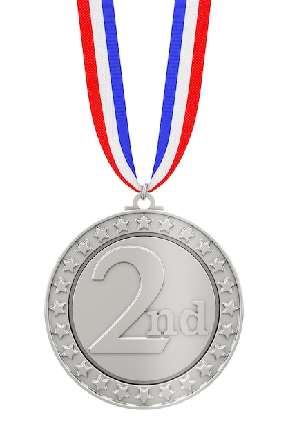 Silberne Zweitplatzierte Medaille mit Band auf weißem Hintergrund. 3D-Rendering