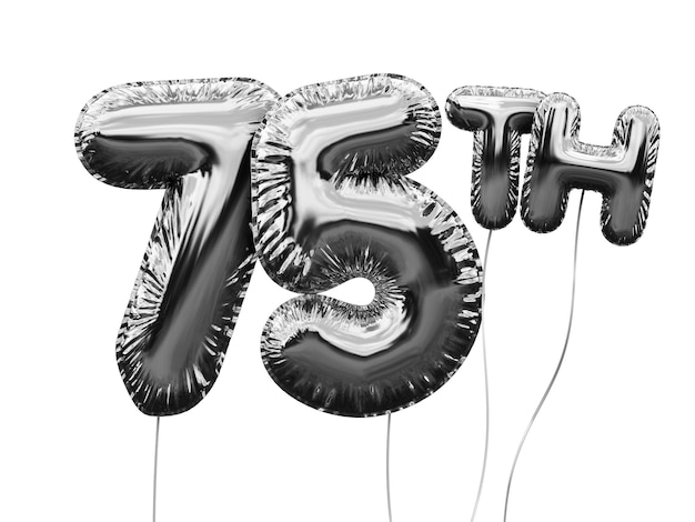 Silberner Foliengeburtstagsballon Nummer 75 isoliert auf Weiß Goldene Partyfeier 3D-Rendering