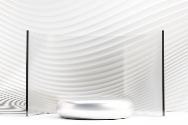 Silberner Podium des runden Kreises mit Glaswandlichtthema Weißer Hintergrund. 3D-Darstellungswiedergabe.