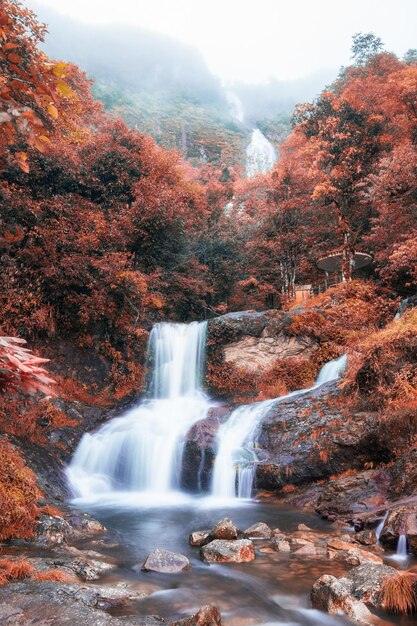 Silberner Wasserfall oder Thac Bac auf Nebel im Herbst