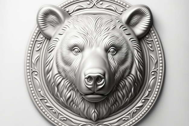 Silbernes Emblem, Kopf eines Bären, weißer Hintergrund, Börsenkonzept, generative KI