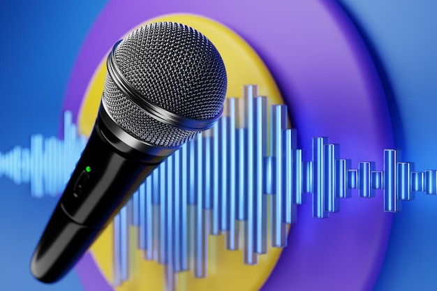 Silbernes Mikrofonmodell vor dem Hintergrund von Equalizer-Linien realistische 3D-Illustration Musikpreis Karaoke-Radio und Tonstudio-Tongeräte