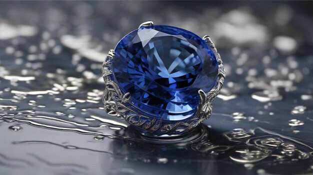 Silberring mit blauen Sapphire Edelsteinen Stein Diamanten auf blauem Hintergrund