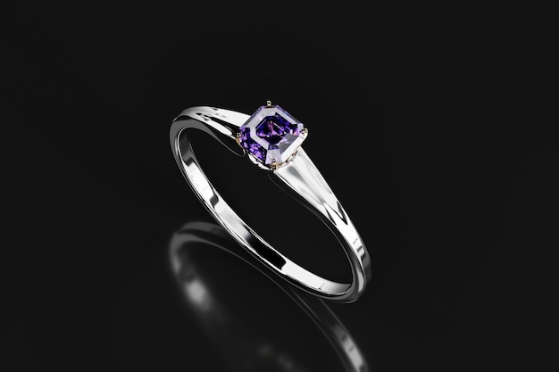 Silberring mit violettem Asscher-Diamant auf glänzendem Hintergrund 3D-Rendering