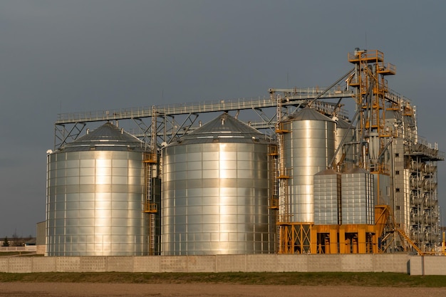 Silbersilos auf Agro-Produktionsanlage zur Verarbeitung, Trocknung, Reinigung und Lagerung von landwirtschaftlichen Produkten, Mehl, Getreide und Getreide. Große Eisenfässer mit Getreide