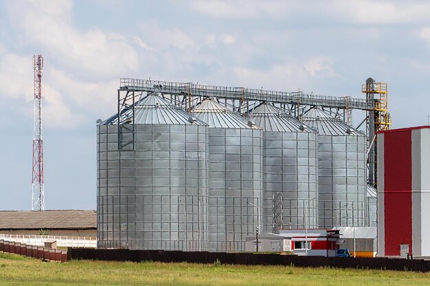 Foto silbersilos auf agro-produktionsanlage zur verarbeitung, trocknung, reinigung und lagerung von landwirtschaftlichen produkten, mehl, getreide und getreide. große eisenfässer mit getreide