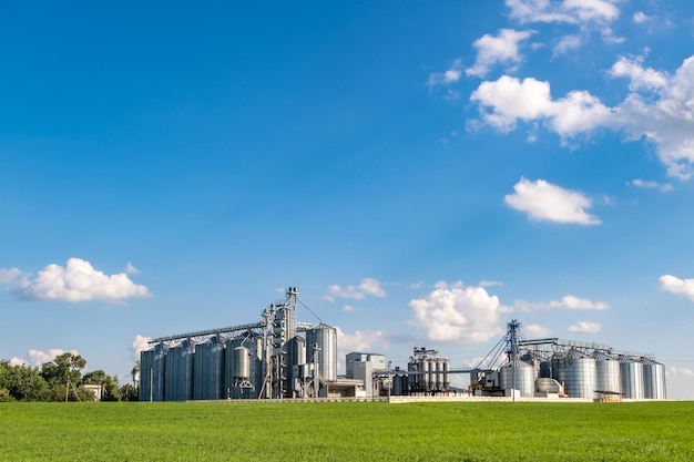 Silbersilos auf Agroverarbeitungs- und Produktionsanlagen für die Verarbeitung, Trocknung, Reinigung und Lagerung von landwirtschaftlichen Produkten, Mehl, Getreide und Getreidespeicher