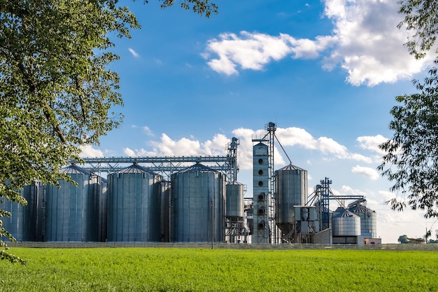 Foto silbersilos auf agroverarbeitungs- und produktionsanlagen für die verarbeitung, trocknung, reinigung und lagerung von landwirtschaftlichen produkten, mehl, getreide und getreidespeicher