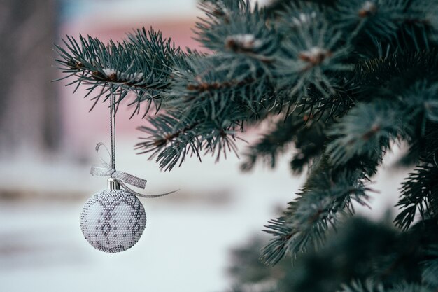 Silberweißer Weihnachtsball auf Tannenzweig nah oben