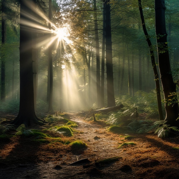 Silêncio numa floresta tranquila com raios de sol