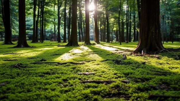 Silent Forest na primavera com belos raios solares brilhantes Generative AI