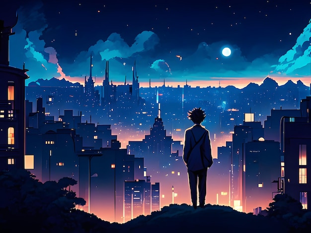 Silhouette Anime Stadtbild Landschaft in der Nacht