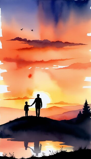 Silhouette Aquarell Mann und Kind gehen im Freien Vatertag Konzept Poster Banner Kopierraum