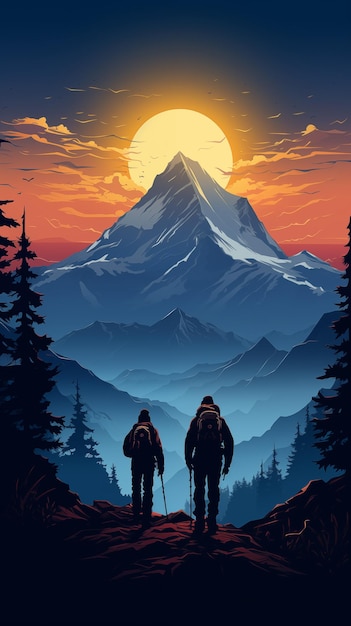 Silhouette-Bergsteiger mit Bergspitzenillustration