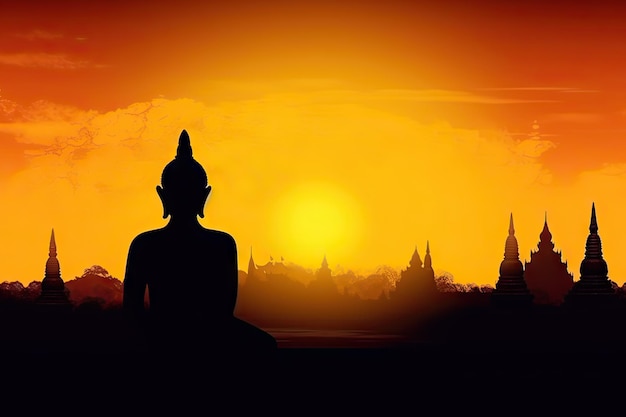 Silhouette Buddha und generative KI des goldenen Tempels