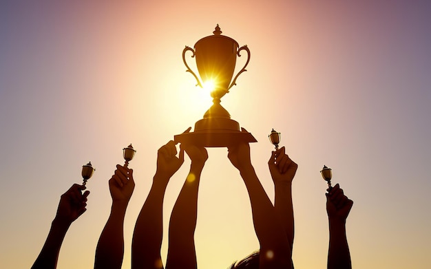 Silhouette Business-Team mit Auszeichnung Trophäe Show Sieg Geschäftserfolg Sonnenuntergang Hintergrund Gewinnerteam mit Trophäenbecher gegen strahlende Sonne im Himmel Mann mit Trophäenbecher Generative AI