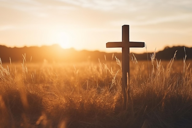 Silhouette christliches Kreuz auf Gras im Sonnenaufgang Hintergrund Generative Ai