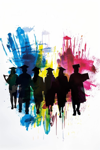 Silhouette der Absolventen vor einem künstlerischen, farbenfrohen Hintergrund