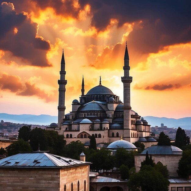 Silhouette der Suleymaniye-Moschee bei Sonnenuntergang mit dramatischen Wolken Ramadan oder islamisches Konzeptfoto