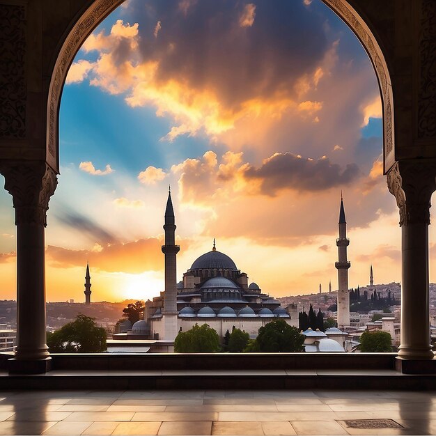 Silhouette der Suleymaniye-Moschee bei Sonnenuntergang mit dramatischen Wolken Ramadan oder islamisches Konzeptfoto