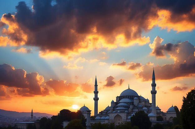 Silhouette der Suleymaniye-Moschee bei Sonnenuntergang mit dramatischen Wolken Ramadan oder islamisches Konzeptfoto