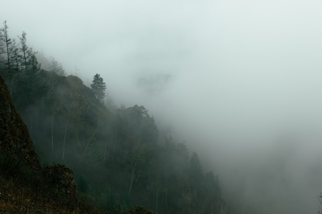 Silhouette des Berges im Nebel