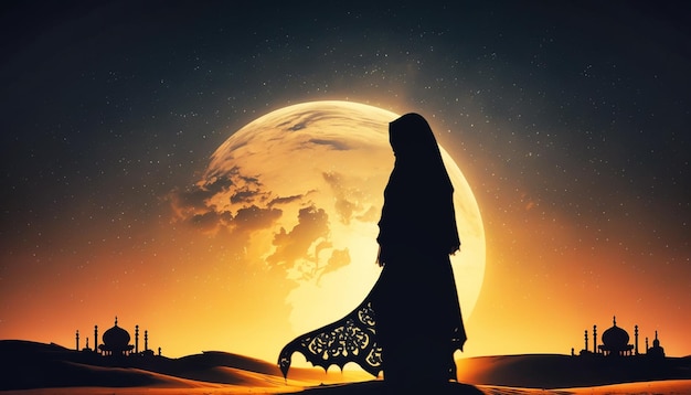 Silhouette des Gebetsmädchens und der Moschee im SonnenuntergangGenerative AI