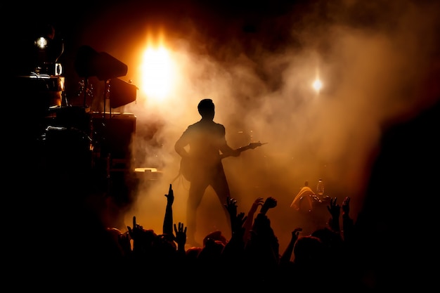 Silhouette des Gitarristen auf der Bühne über den Fans.