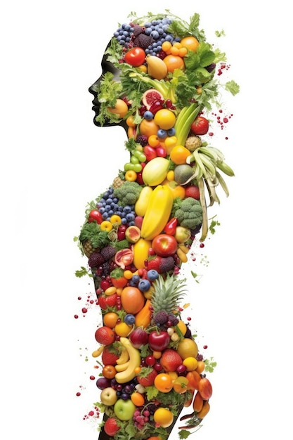 Silhouette des Körpers einer gesunden Frau, bestehend aus Gemüse mit weißem Hintergrund, der gesunde und vegetarische Ernährung darstellt. Generative KI