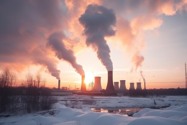 Foto silhouette des kraftwerks bei sonnenuntergang im winter rauch aus verbrannten kohlerohren