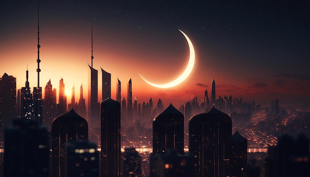 Silhouette einer arabischen Stadt bei Nacht mit einem Halbmond Ramadan Kareem Generative AI