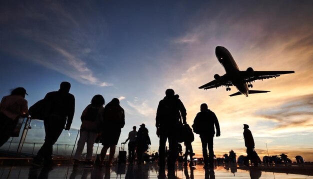 Silhouette einer belebten Flughafenmenge bei Sonnenuntergang Reisende in Bewegung belebte Terminal-Reise