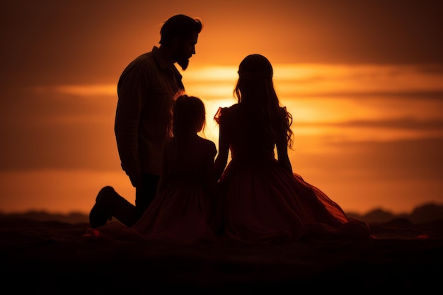 Silhouette einer Familie am Strand bei Sonnenuntergang