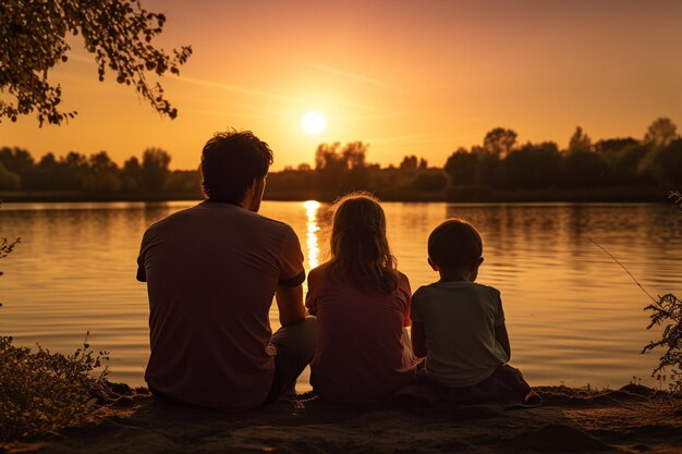 Silhouette einer Familie, die bei Sonnenuntergang glücklich ein Picknick am See macht