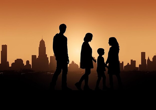 Silhouette einer Familie, die bei Sonnenuntergang in der Stadt spazieren geht