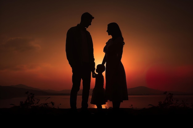 Silhouette einer Familie, die sich bei Sonnenuntergang an den Händen hält