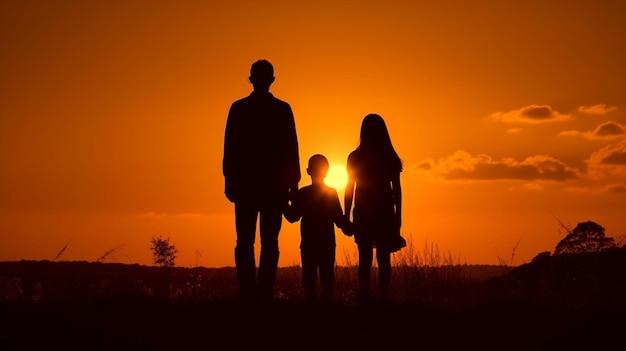 Silhouette einer Familie, hinter der die Sonne untergeht