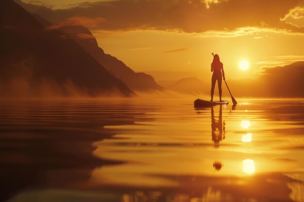 Silhouette einer Frau auf einem Stand-up-Paddleboard auf einem ruhigen See bei Sonnenuntergang