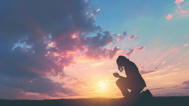 Silhouette einer Frau, die vor dem Hintergrund des Himmels kniet und für die Anbetung Gottes betet. Christen beten zu Jesus Christus um Ruhe. Am Morgen kamen die Menschen an einen ruhigen Ort und beteten für den Kopierraum