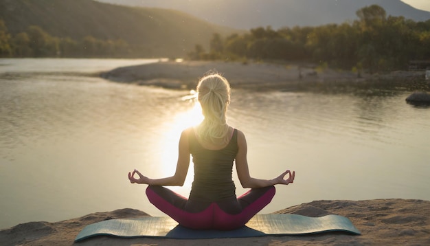Silhouette einer Frau in einer Yoga-Pose gegen den Sonnenuntergang, die Ruhe und Achtsamkeit in der Natur darstellt