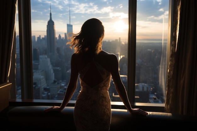 Silhouette einer Frau in Kleid, die aus dem Fenster auf die Stadtlandschaft mit Wolkenkratzern blickt. Rückansicht einer reichen Frau, die sich in einer Luxuswohnung ausruht