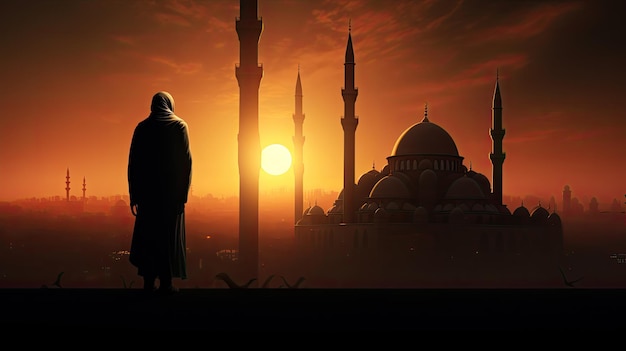 Silhouette einer Frau mit Blick auf das Stadtbild der Moschee bei Sonnenuntergang