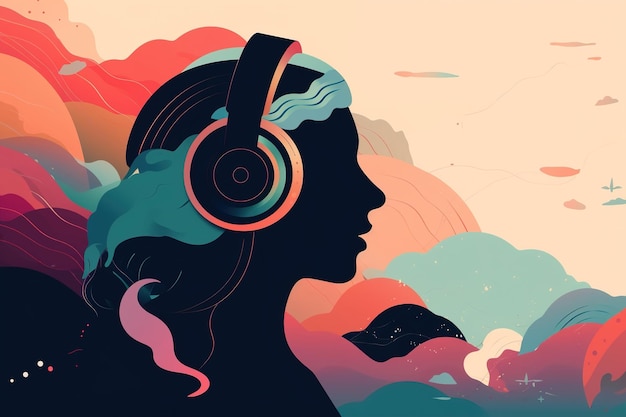 Silhouette einer Frau mit Kopfhörern, die Musik hört, abstrakte gesichtslose Illustration, Musiktherapiekonzept, generative KI
