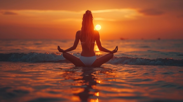 Silhouette einer Frau mit perfektem Körper, die bei Sonnenuntergang Yoga macht