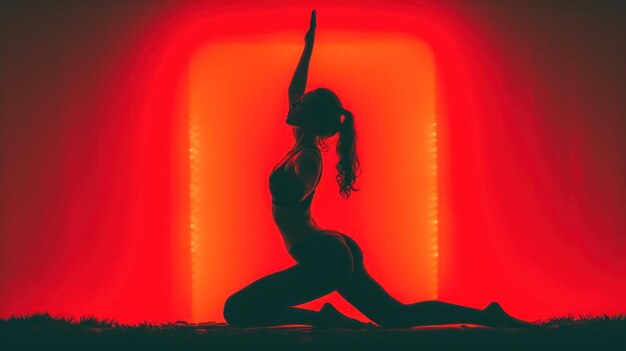 Silhouette einer Frau mit perfektem Körper, die bei Sonnenuntergang Yoga macht