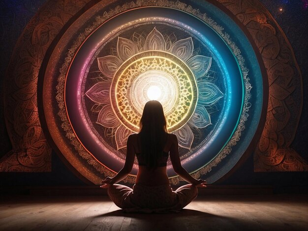 Foto silhouette einer frau sitzt in einer yoga-position in einem farbenfrohen halo-hintergrund
